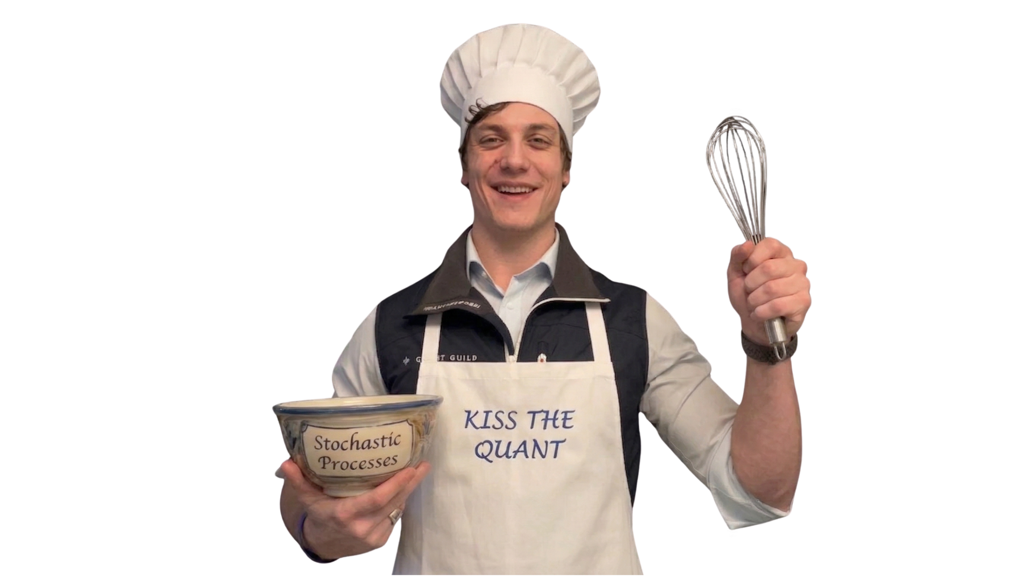 Roman Paolucci in chef hat and apron, holding a whisk and a bowl labeled Stochastic Processes